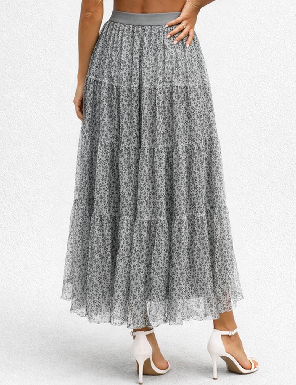 Ladies Elastic Waist Floral Print Mesh Tiered Hem Maxi Skirt