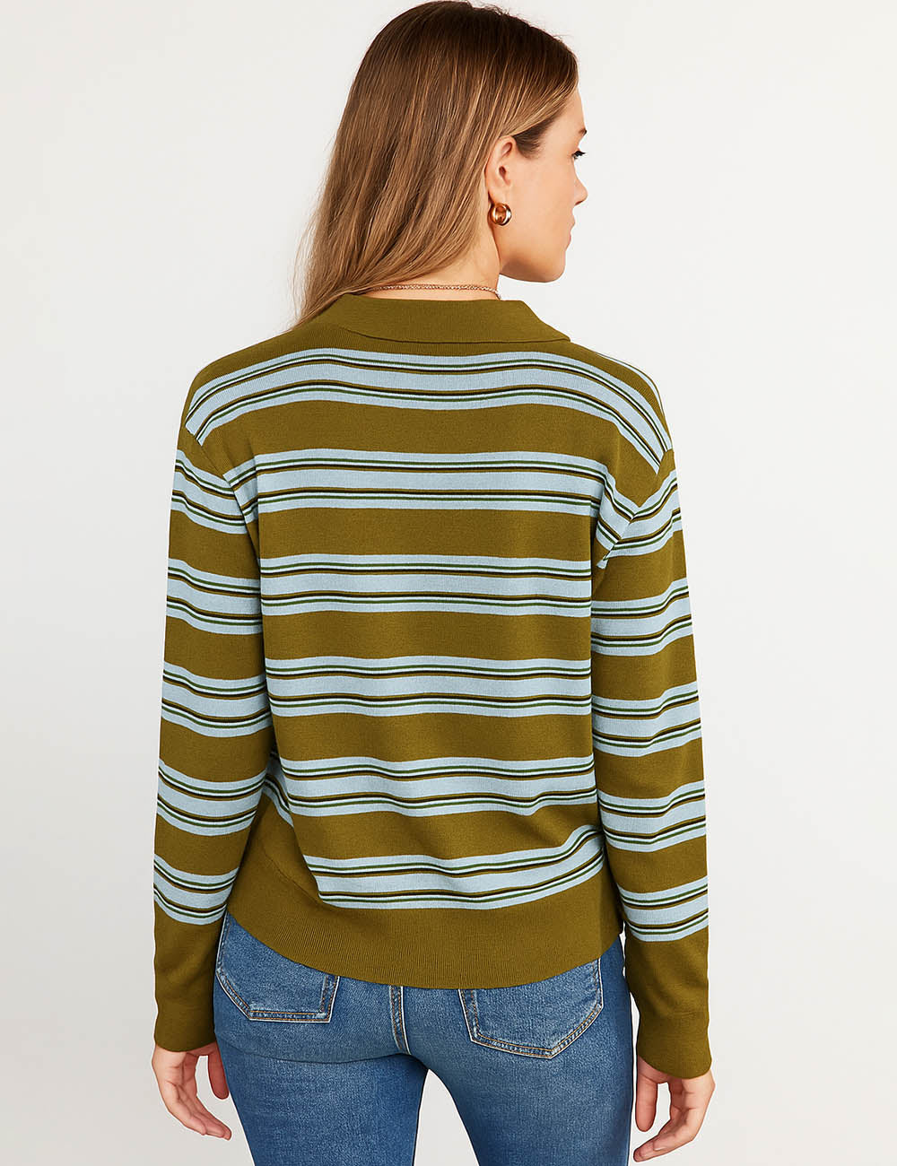 Ladies Color Block Polo Neck Long Sleeves Striped Knit Top