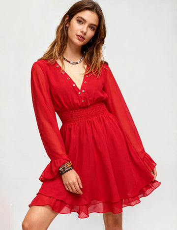 Ladies V-Neck Eyelet Smocked Waist Flared Sleeves Mini Dress