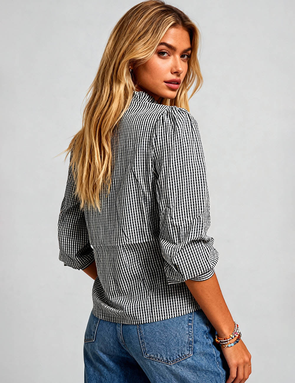 Ladies Checked Ruffle Stand Collar Button Front Blouse