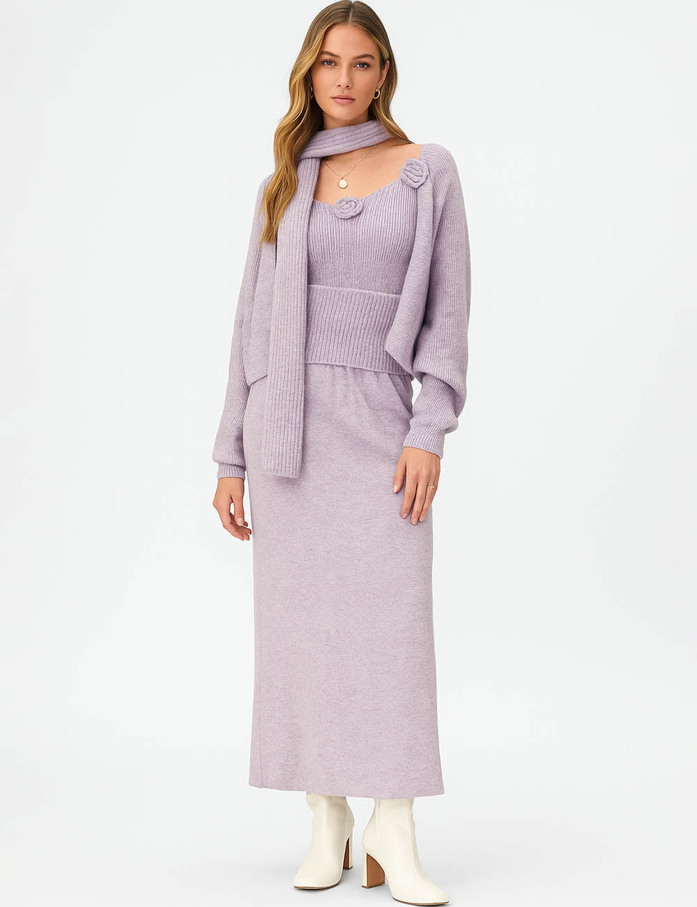 Ladies 3D Crochet Flower Open Front Scarf Sweater 4PCS Set