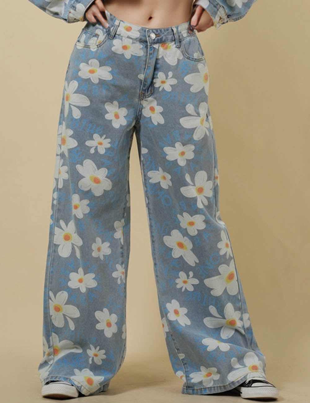 Ladies Floral Print Stright Leg Denim Pants SKP50059