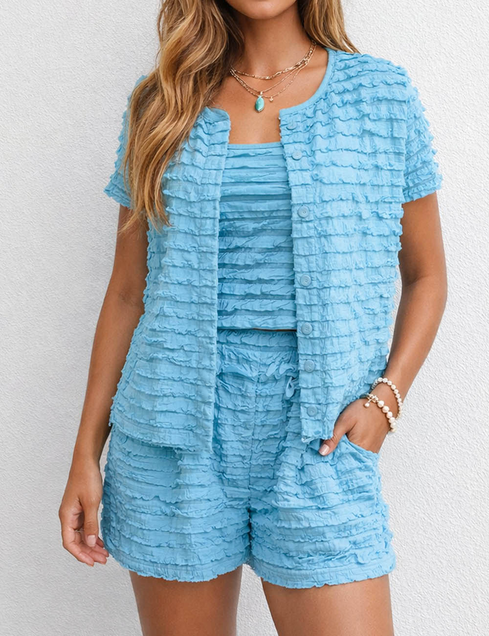 Ladies Wrinkle Sleeveless Top Button Cardigan Shorts 3PCS Set