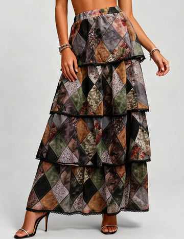 Ladies Vintage Print Tiered Ruffle Maxi Skirt