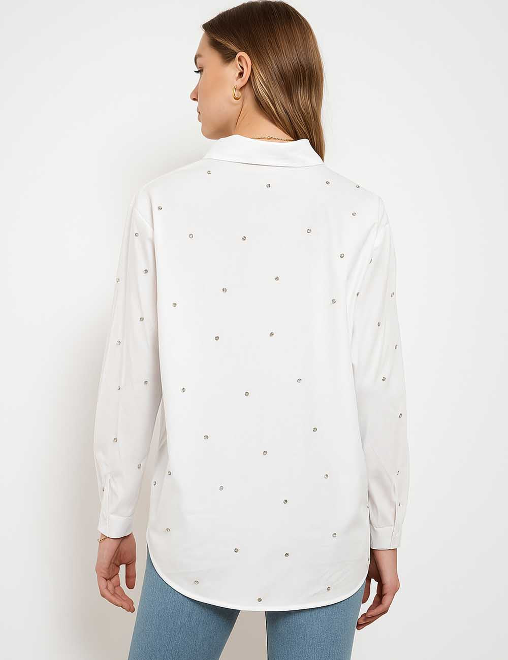 Ladies White 3D Flower Shiny Beading Button Down Shirt
