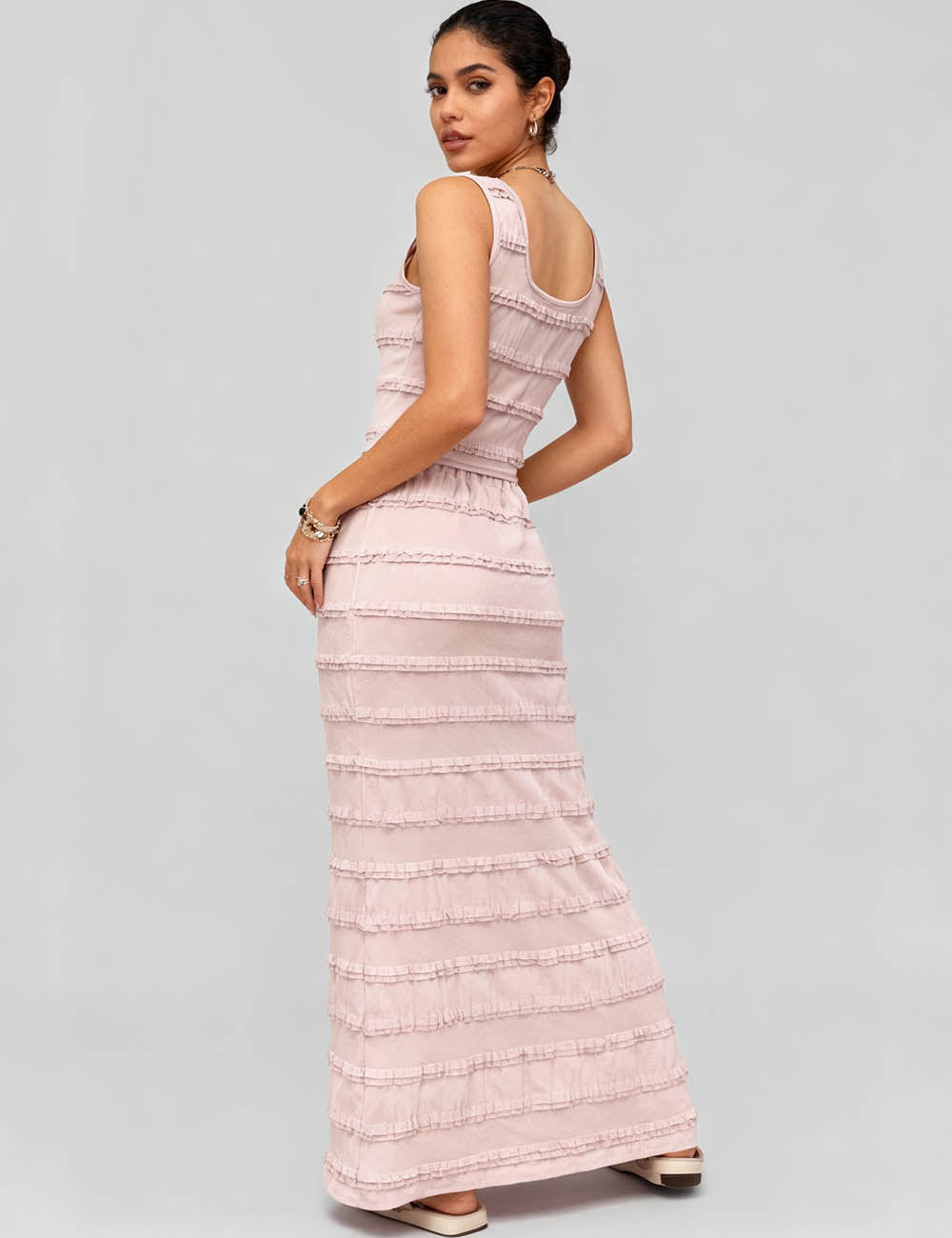 Ladies Scoop Neck Ruffle Trim Tank Top & Maxi Skirt 2PCS Set