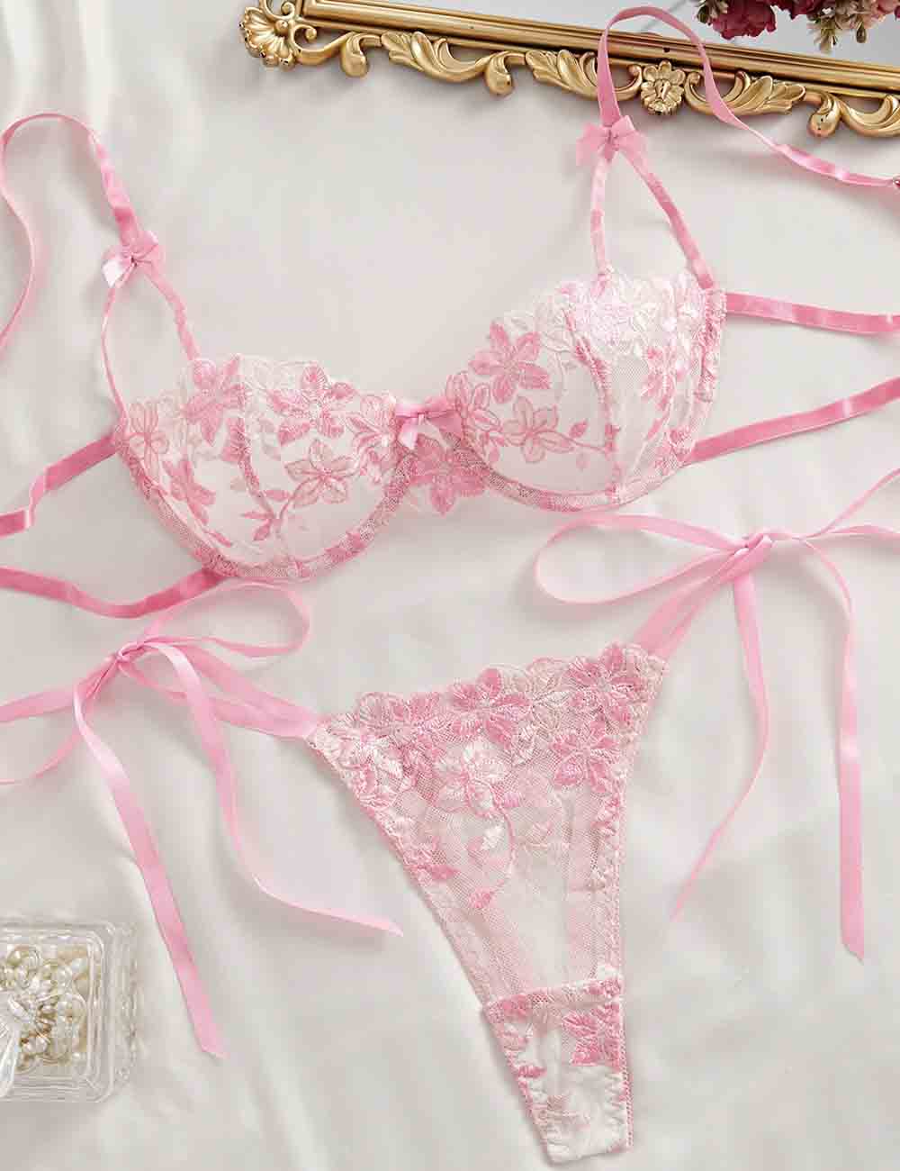 Ladies Floral Embroidery See Through 2PCS Lingerie Set 8XX0111