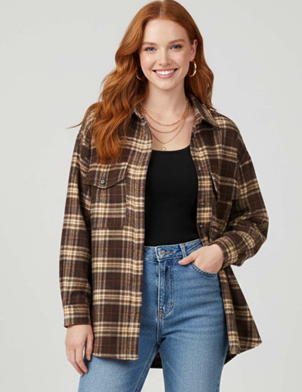 Ladies Button Down Long Sleeves Plaid Shirt Jacket