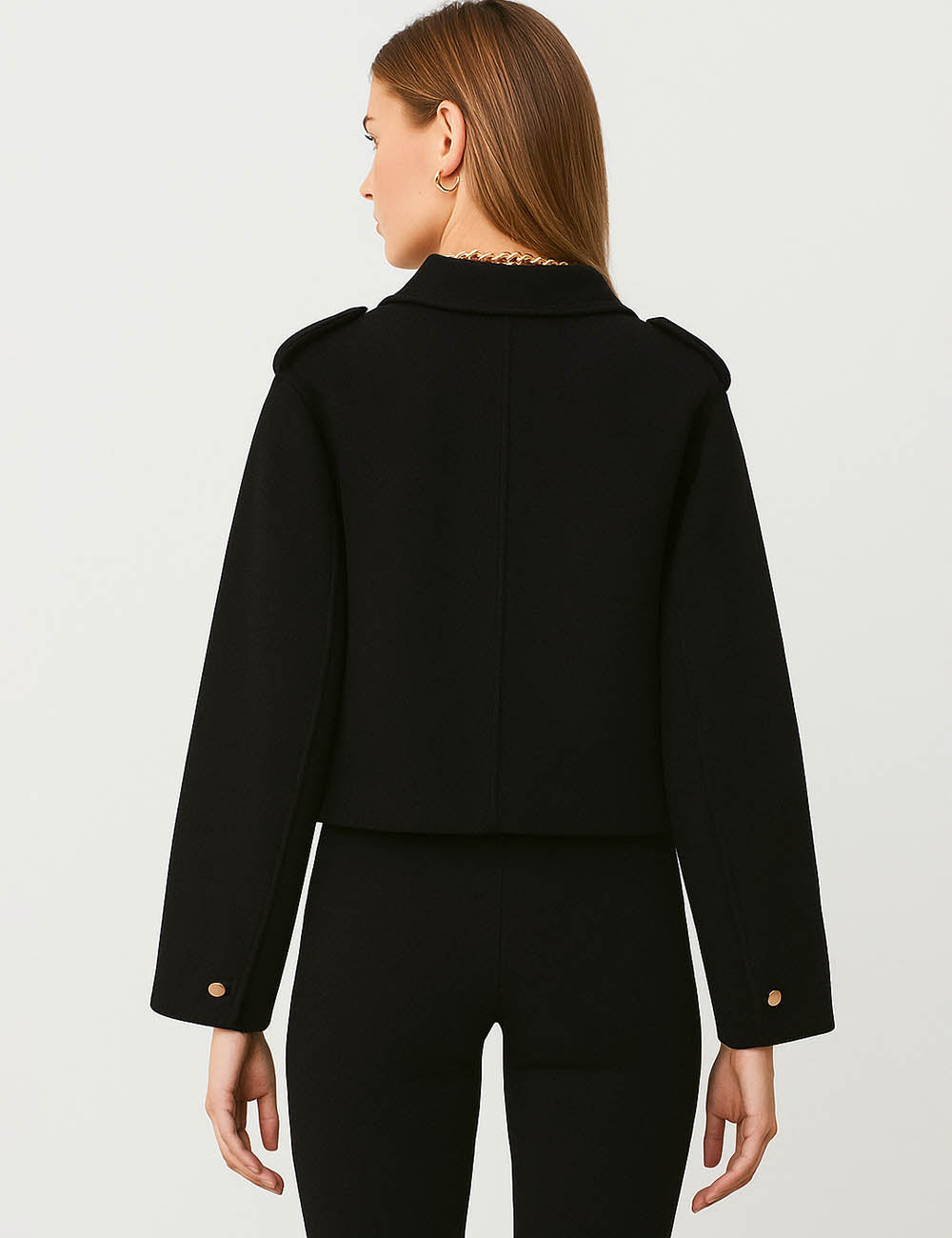 Ladies Lapel Collar Long Sleeves Shoulder Epaulette Cropped Jacket