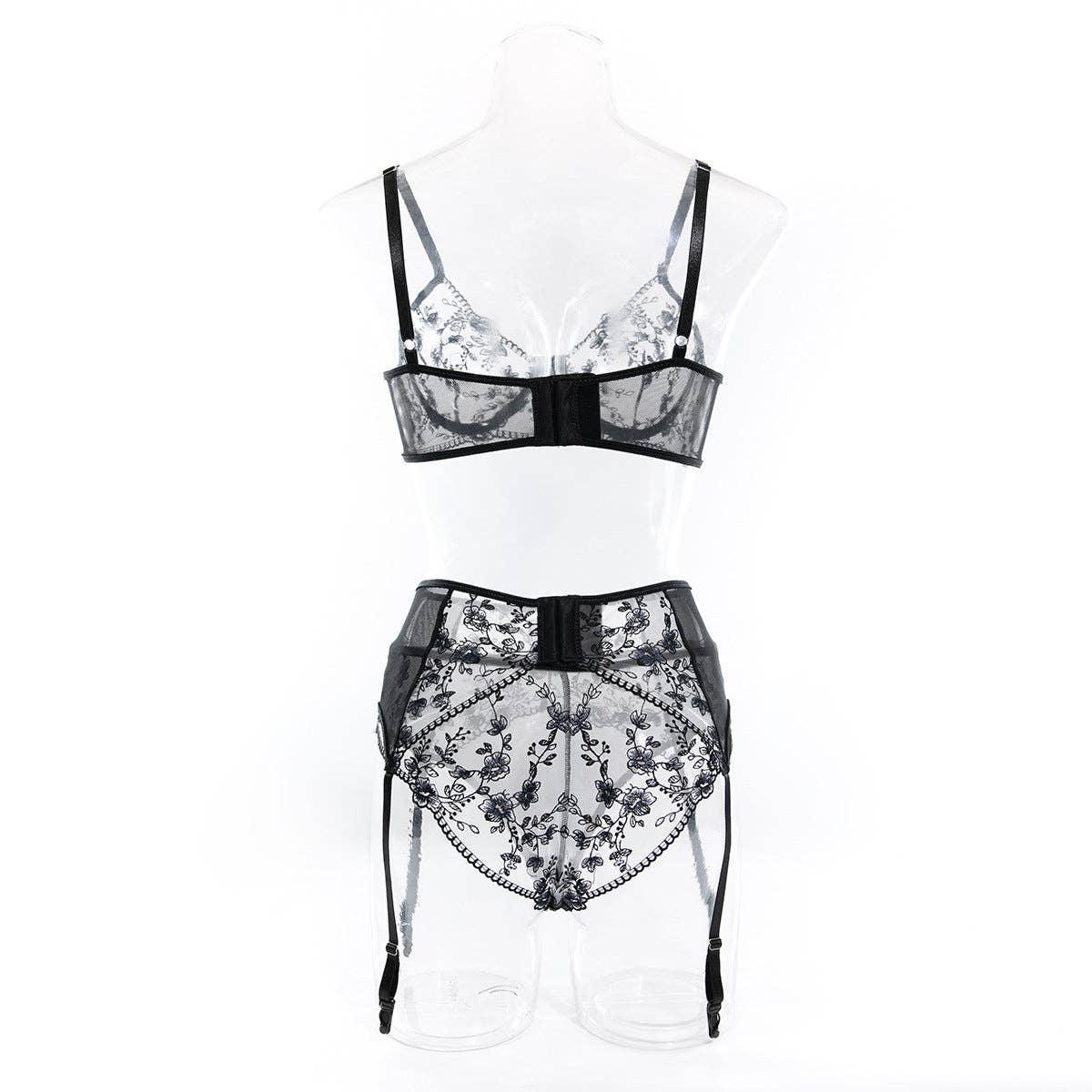 Floral Embroider Sexy Lingerie Set with Garter 3032 - SWEETKAMA