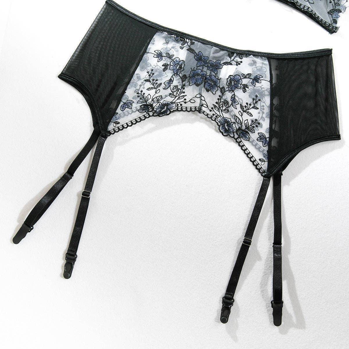 Floral Embroider Sexy Lingerie Set with Garter 3032 - SWEETKAMA