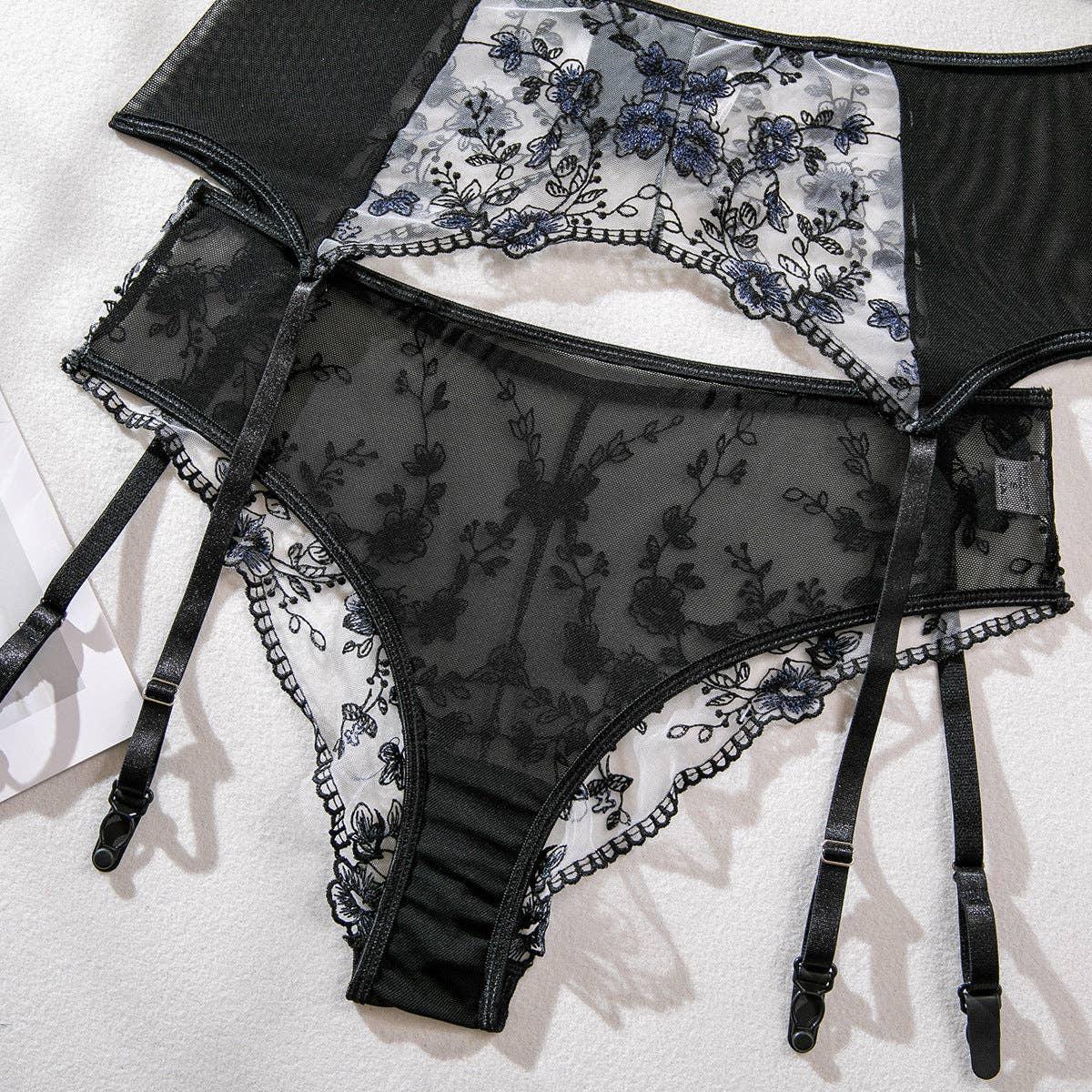 Floral Embroider Sexy Lingerie Set with Garter 3032 - SWEETKAMA
