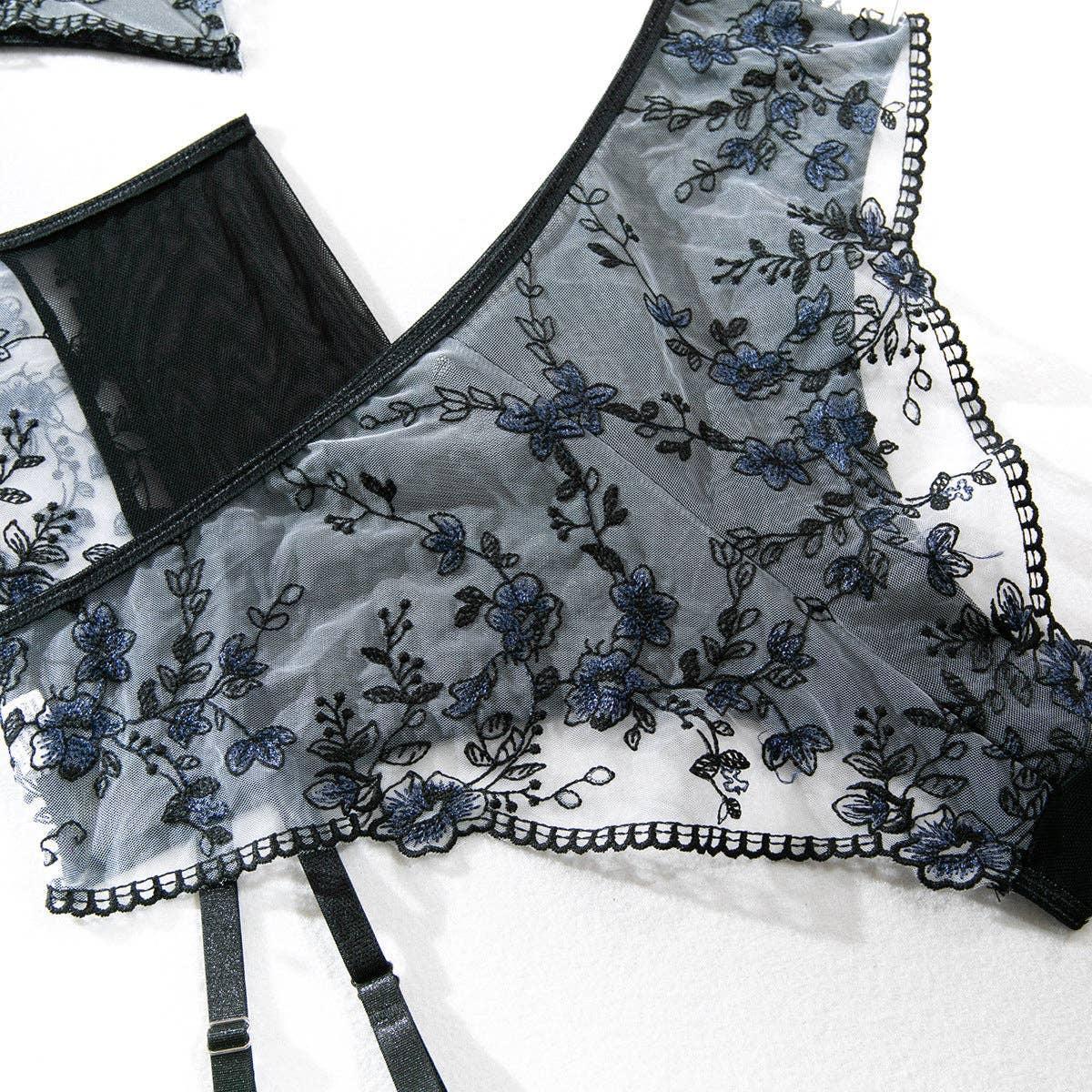 Floral Embroider Sexy Lingerie Set with Garter 3032 - SWEETKAMA