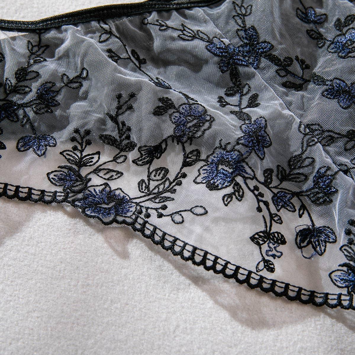 Floral Embroider Sexy Lingerie Set with Garter 3032 - SWEETKAMA