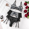 Floral Embroider Sexy Lingerie Set with Garter 3032 - SWEETKAMA