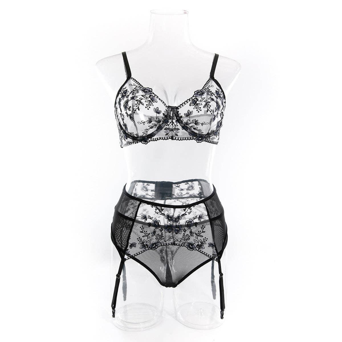 Floral Embroider Sexy Lingerie Set with Garter 3032 - SWEETKAMA