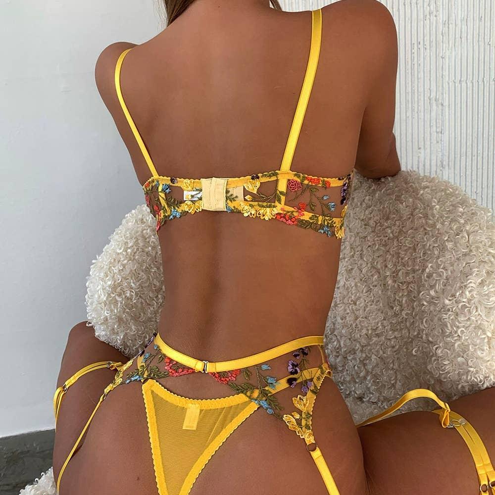Floral Embroidery Bra & Garter Belt Set 5860 - SWEETKAMA