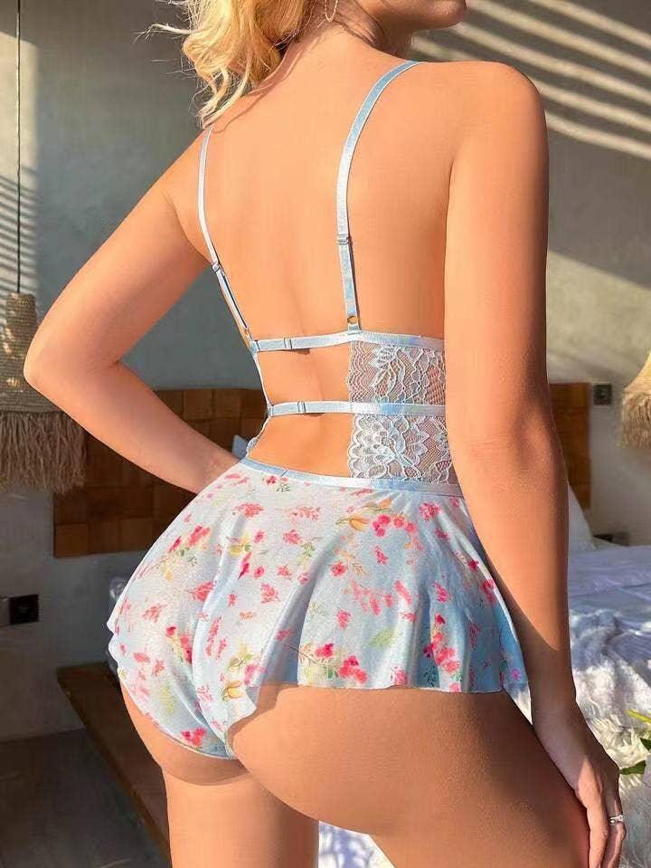 Floral Print Backless Perspective Teddy HF-4042 - SWEETKAMA