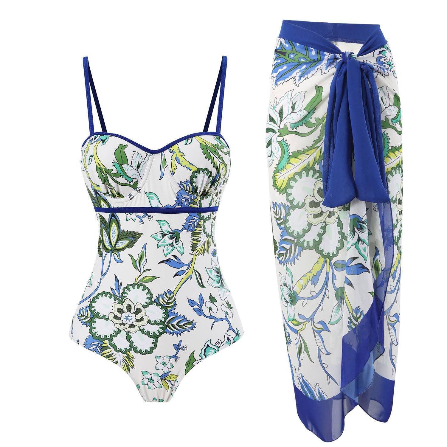 Floral Print Multicolor One Piece Swimwear with Cover Y82 - SWEETKAMA