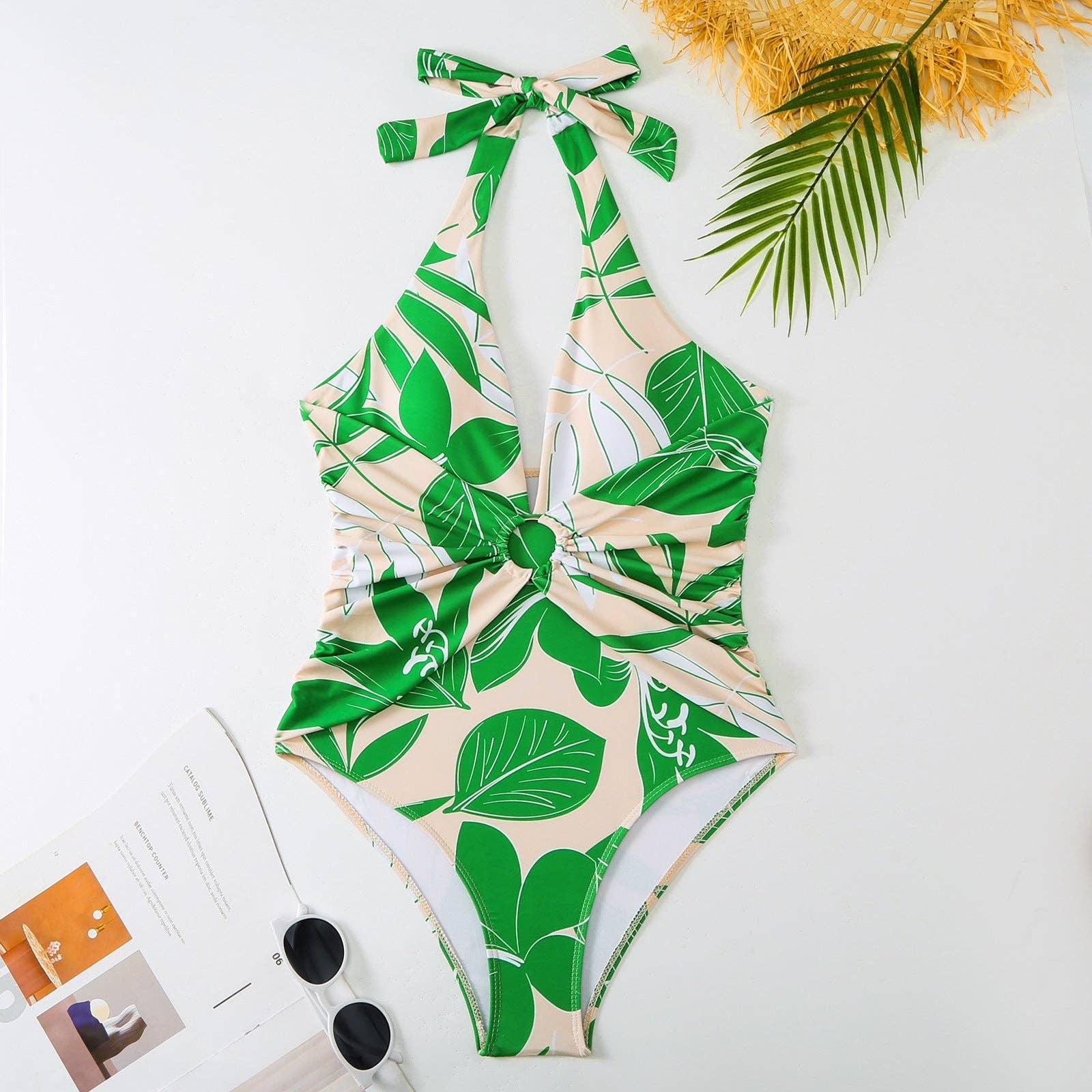 Green Floral One Piece Swimwear with Cover Y166 - SWEETKAMA