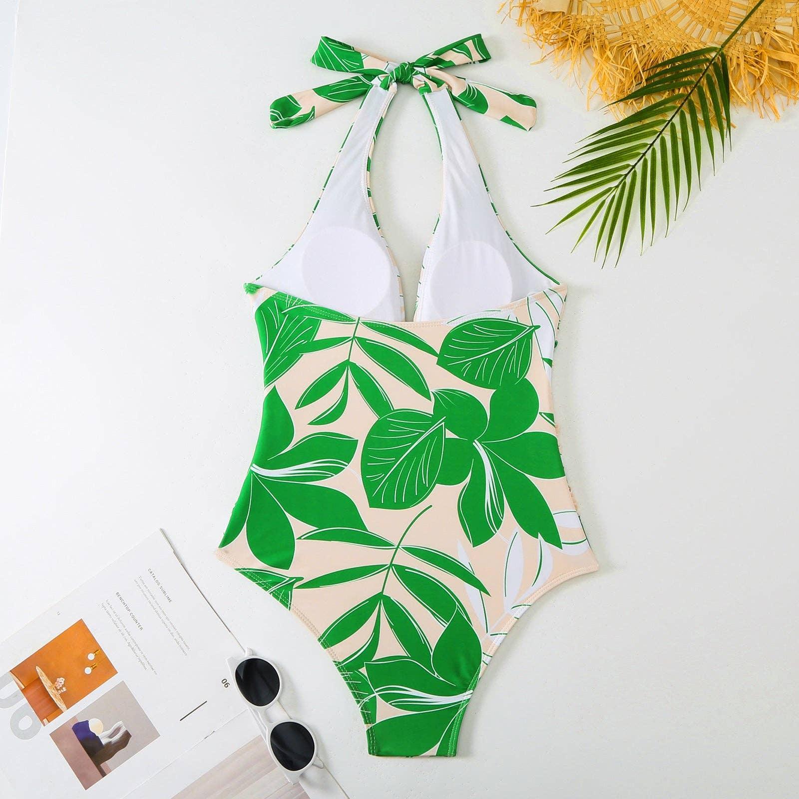 Green Floral One Piece Swimwear with Cover Y166 - SWEETKAMA