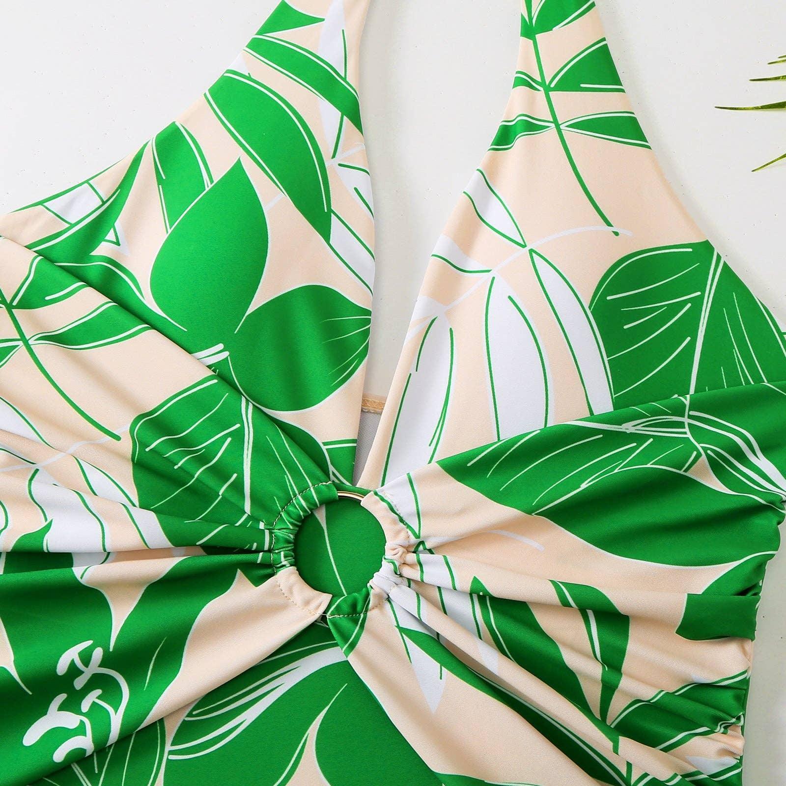 Green Floral One Piece Swimwear with Cover Y166 - SWEETKAMA