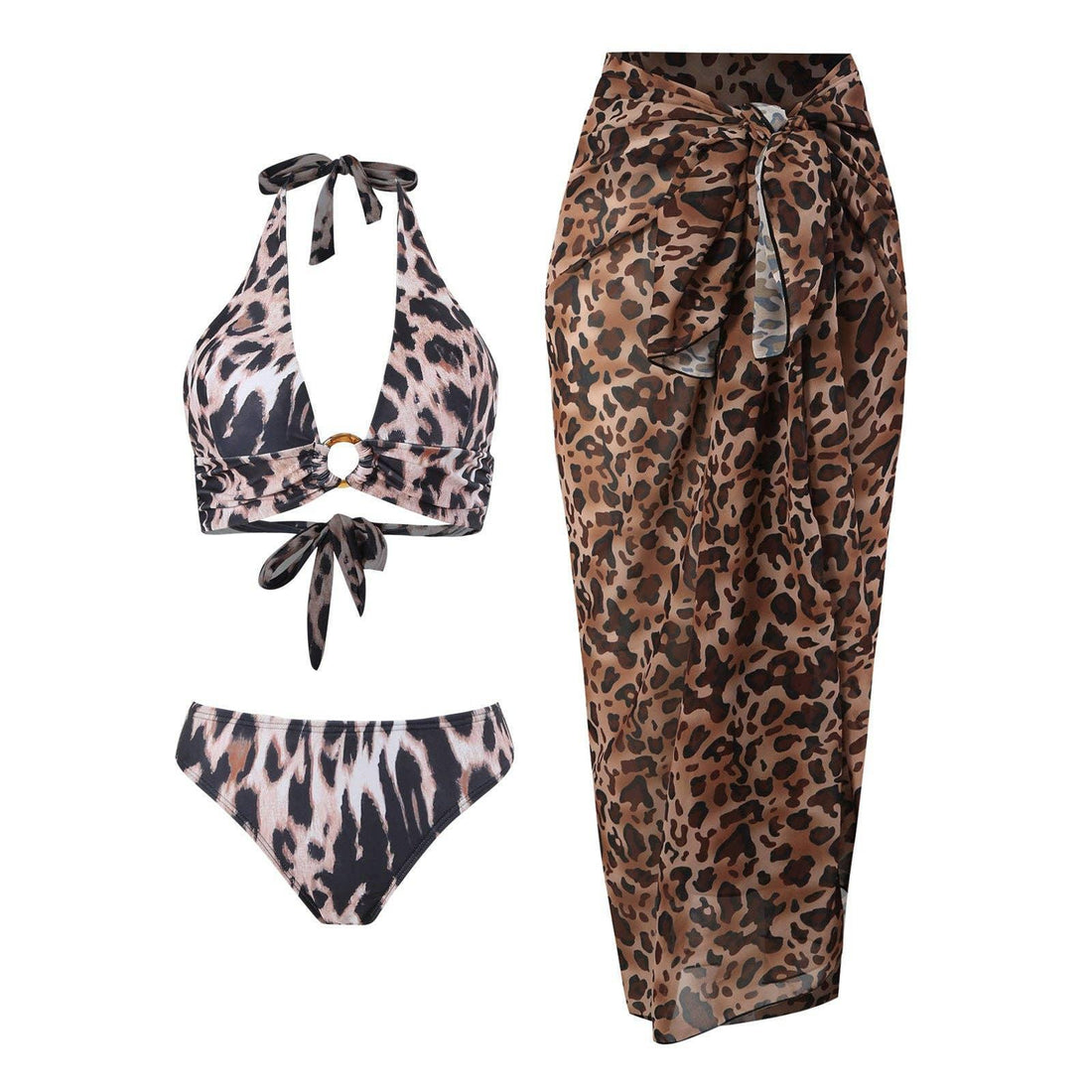 Halter Leopard Print 2PCS Bikini Set with Cover Y182 - SWEETKAMA