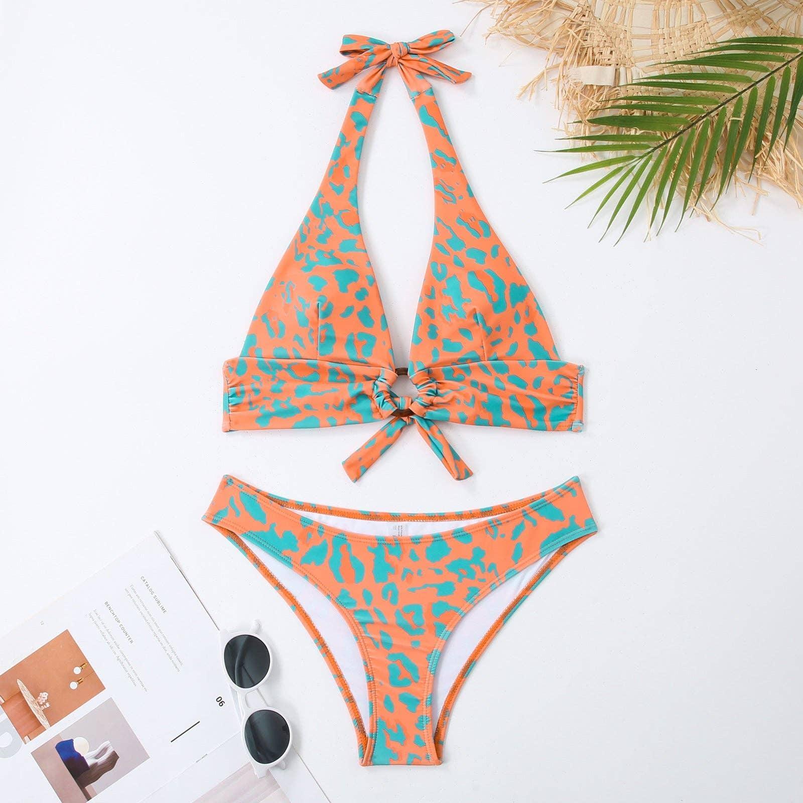 Halter Leopard Print 2PCS Bikini Set with Cover Y182 - SWEETKAMA