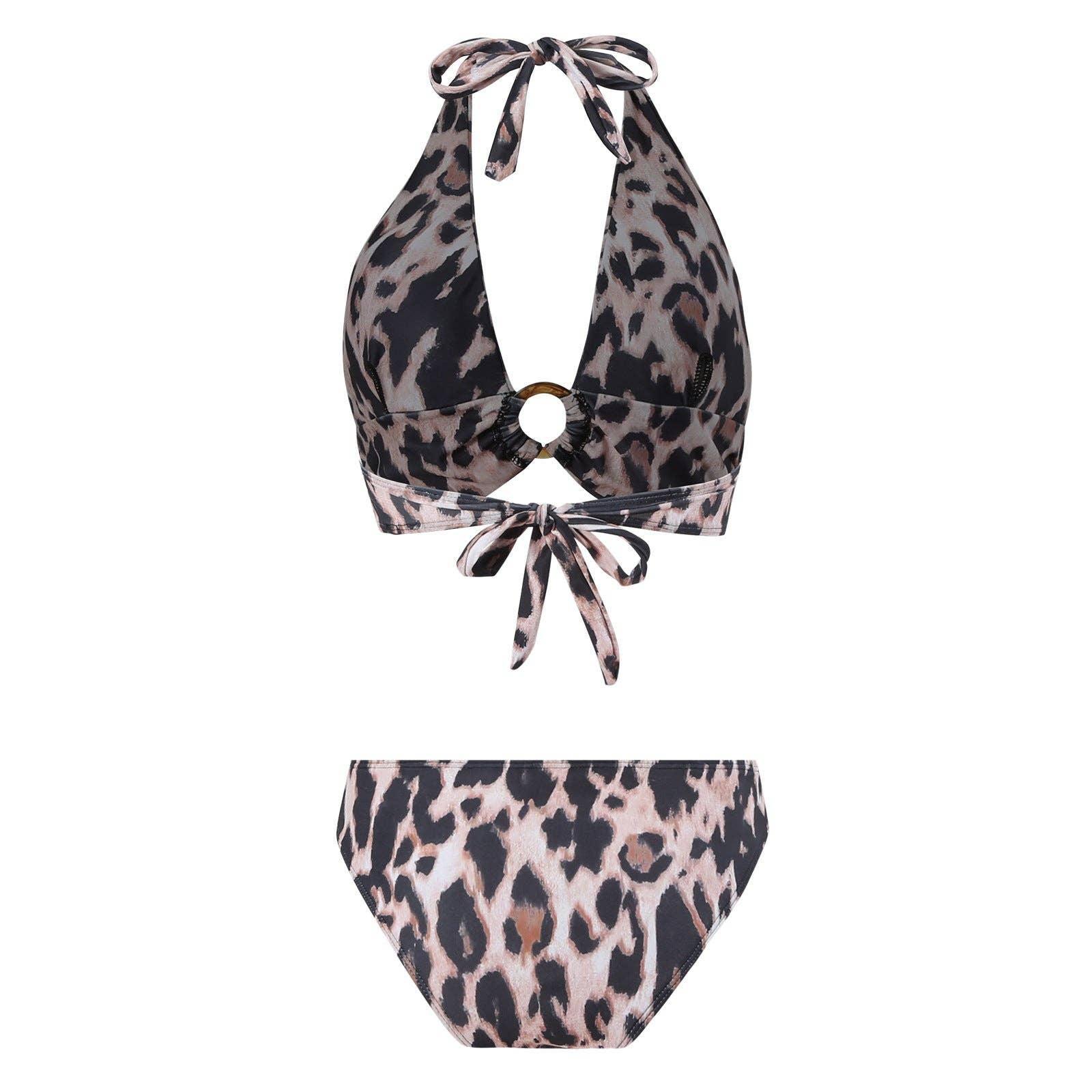 Halter Leopard Print 2PCS Bikini Set with Cover Y182 - SWEETKAMA