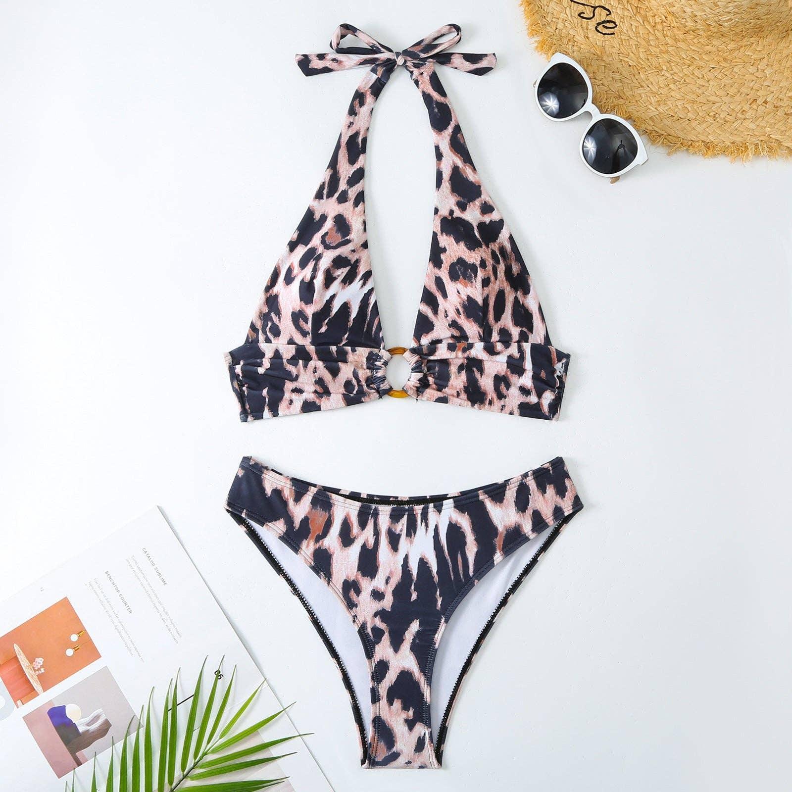 Halter Leopard Print 2PCS Bikini Set with Cover Y182 - SWEETKAMA