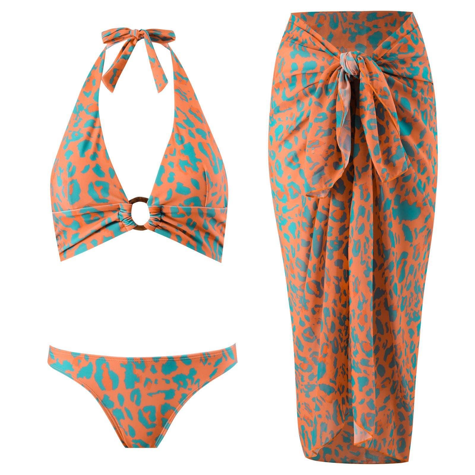 Halter Leopard Print 2PCS Bikini Set with Cover Y182 - SWEETKAMA