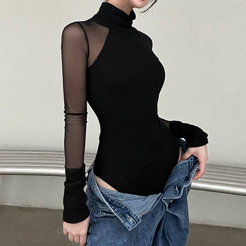 High Collar See Through Solid Color Sex Bodysuit 43741638919 - SWEETKAMA
