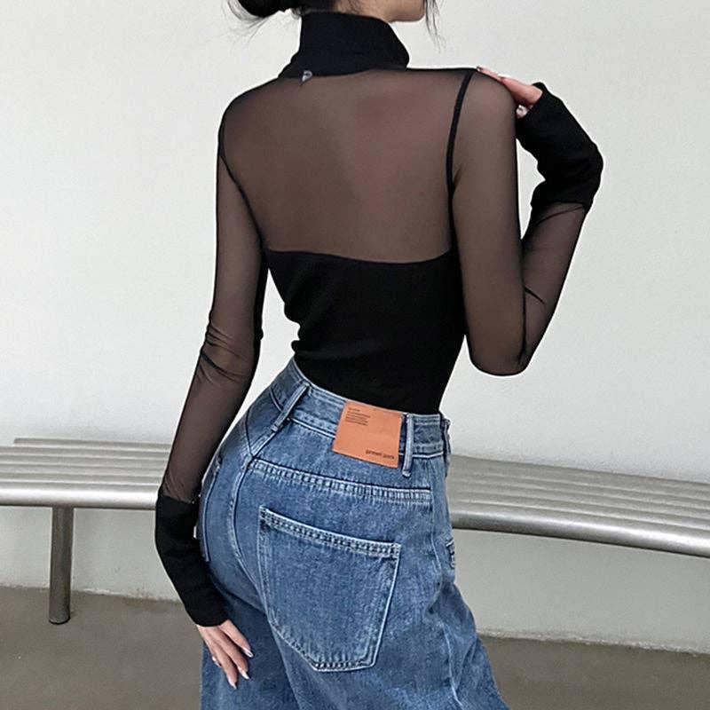 High Collar See Through Solid Color Sex Bodysuit 43741638919 - SWEETKAMA