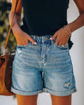 High Waist Folded Hem Denim Shorts SKS6627 - SWEETKAMA