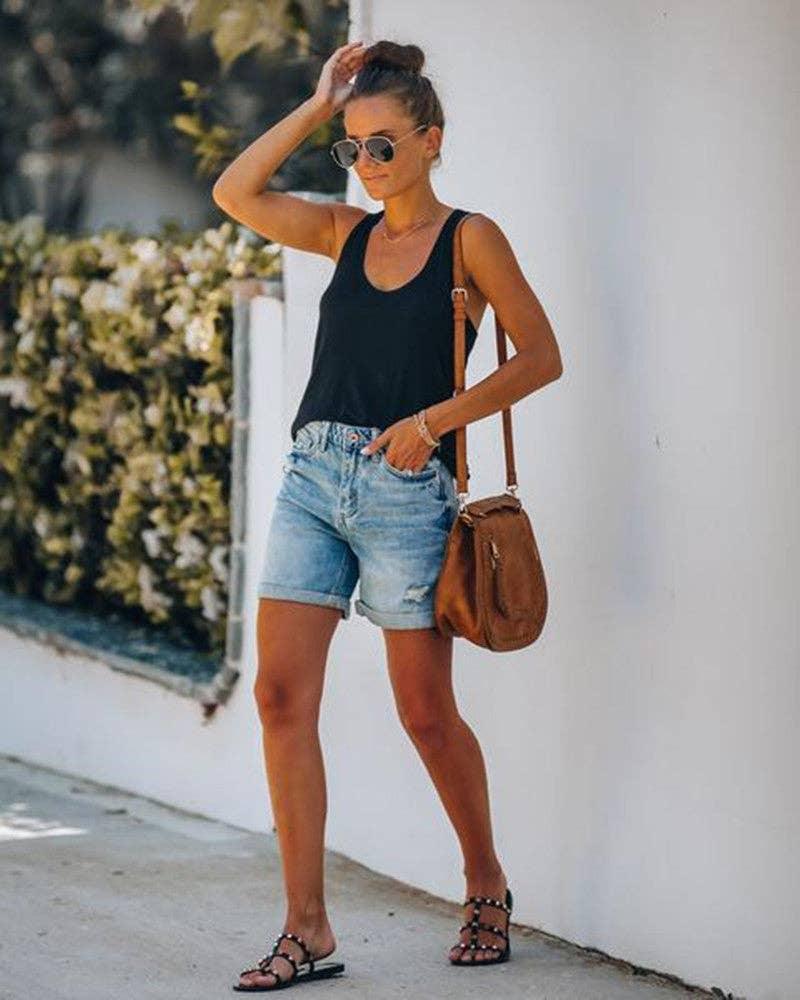 High Waist Folded Hem Denim Shorts SKS6627 - SWEETKAMA