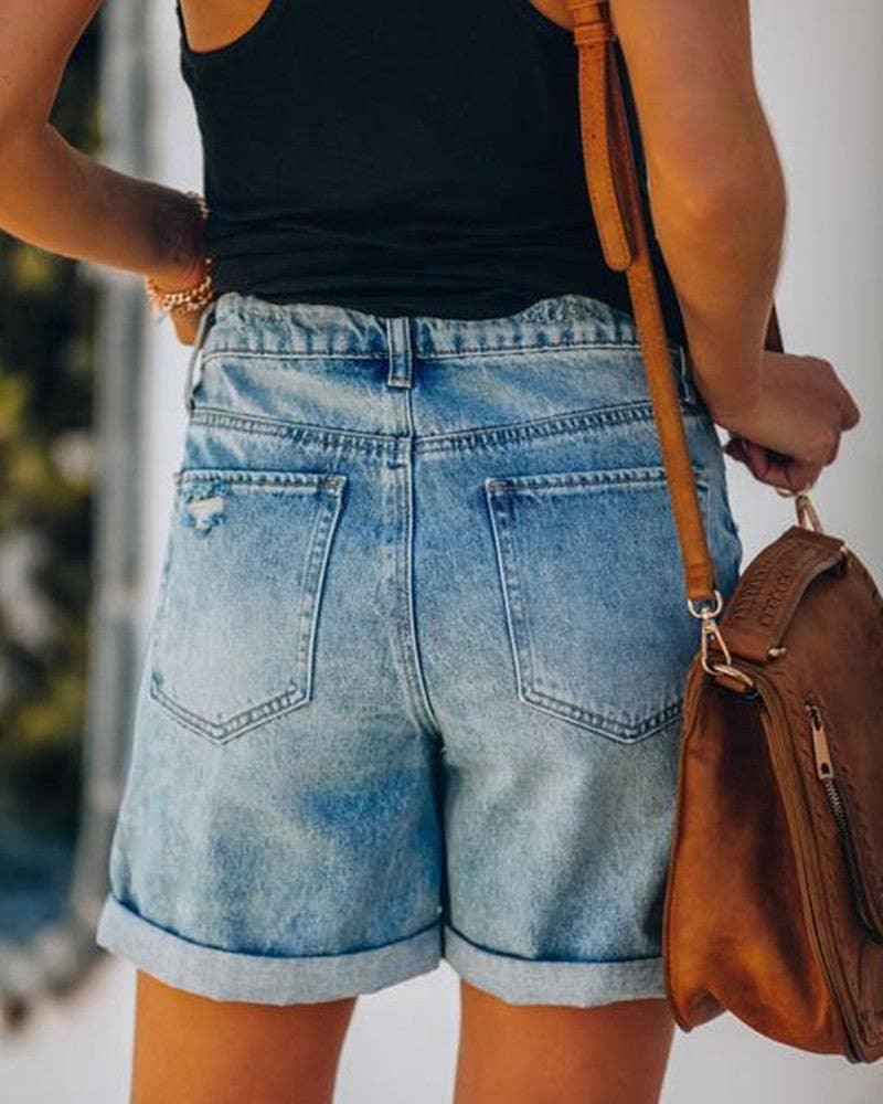 High Waist Folded Hem Denim Shorts SKS6627 - SWEETKAMA