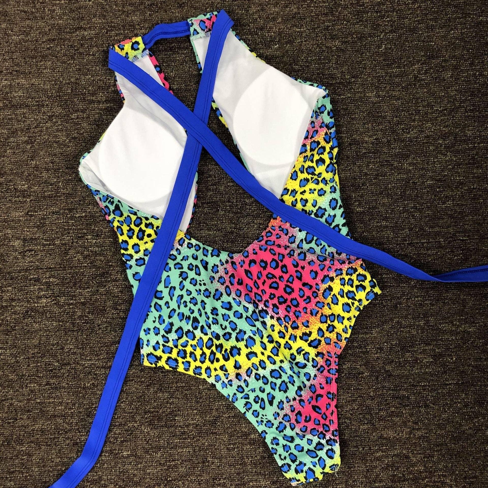 Hollow Front Leopard Print Cross Back One Piece Swimsuit Y1035 - SWEETKAMA