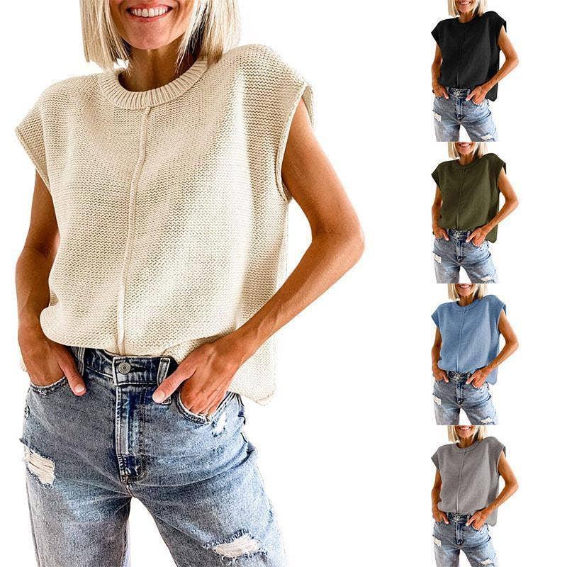 Knit Solid Color Sleeveless Round Neck Sweater Vest YL23001 - SWEETKAMA