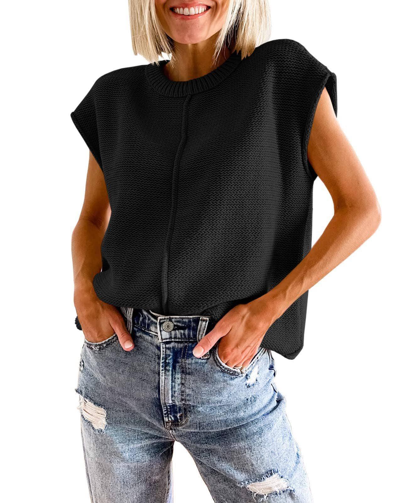 Knit Solid Color Sleeveless Round Neck Sweater Vest YL23001 - SWEETKAMA