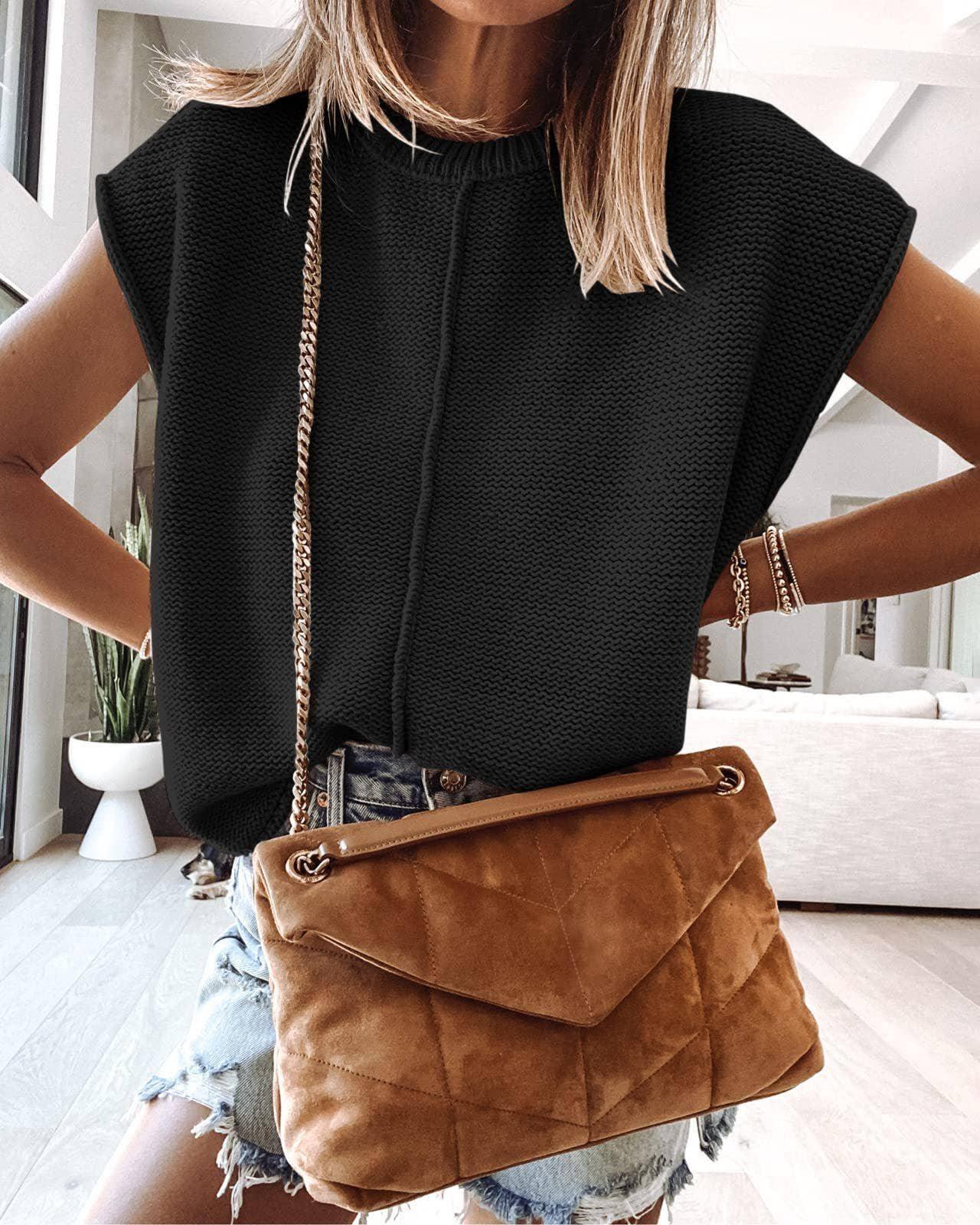 Knit Solid Color Sleeveless Round Neck Sweater Vest YL23001 - SWEETKAMA