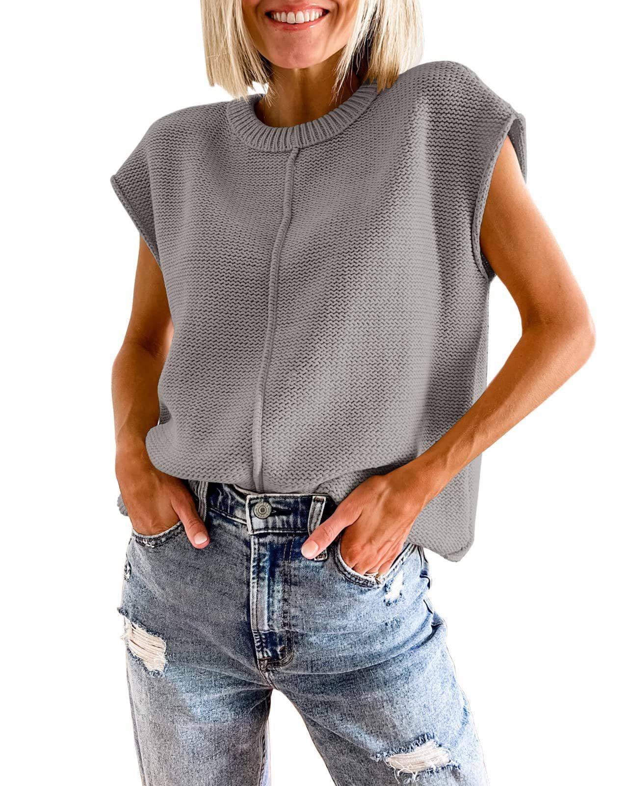 Knit Solid Color Sleeveless Round Neck Sweater Vest YL23001 - SWEETKAMA