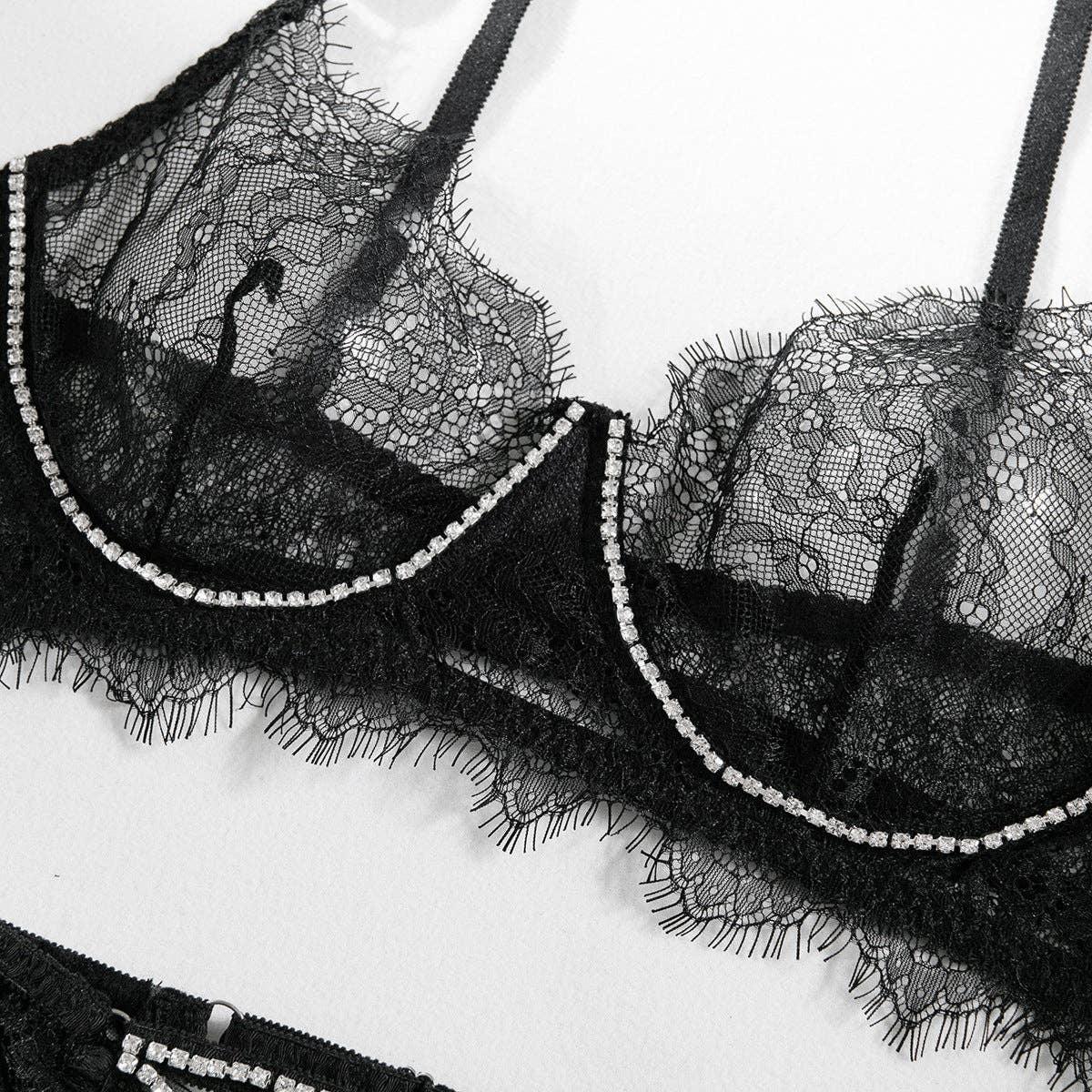 Lace Diamond Setting Lingerie Set with Garter Belt 3052 - SWEETKAMA