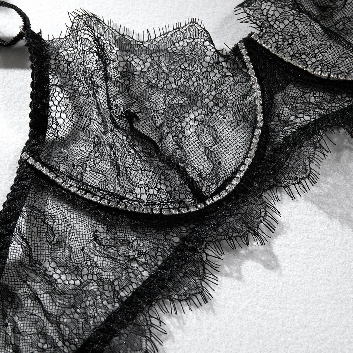 Lace Diamond Setting Lingerie Set with Garter Belt 3052 - SWEETKAMA