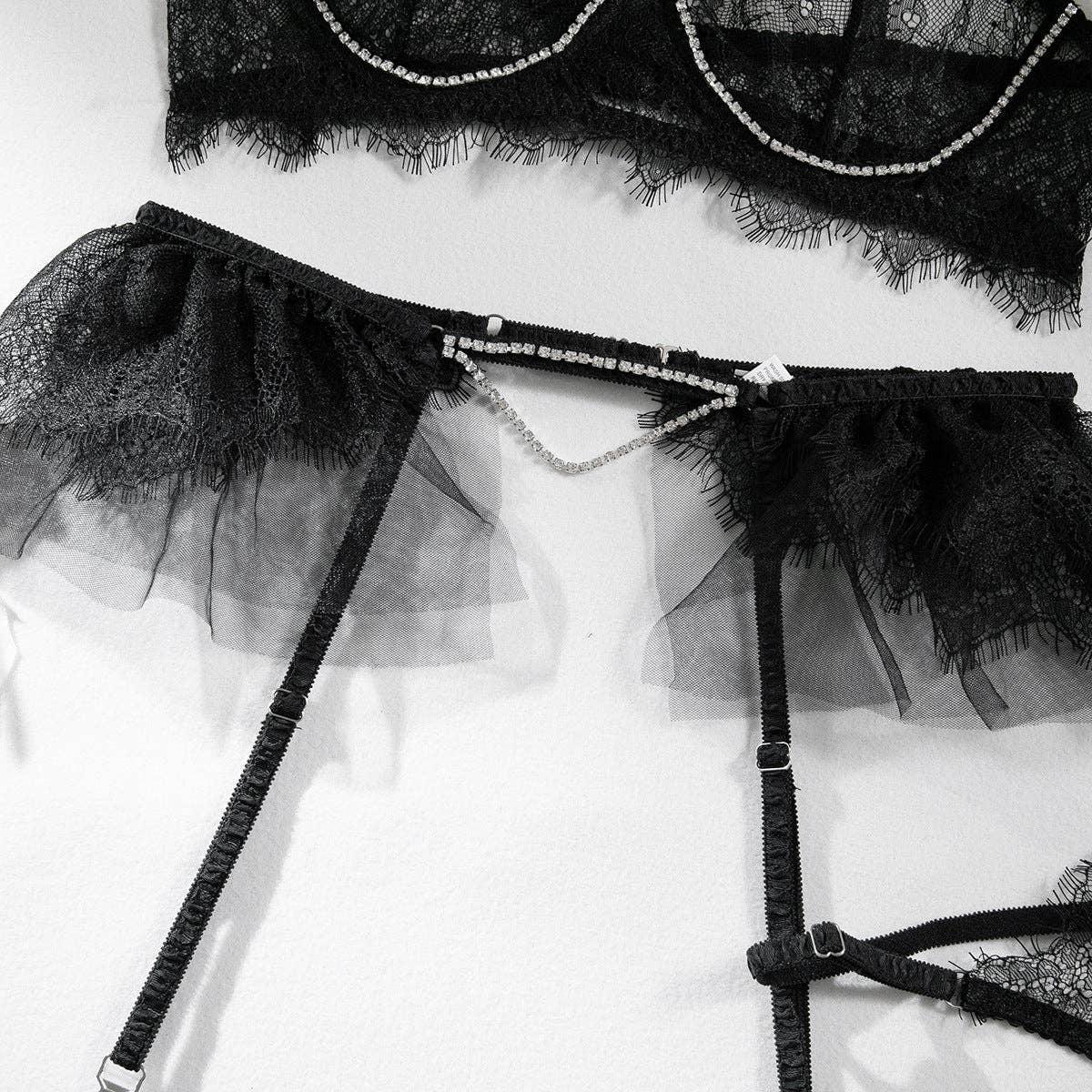 Lace Diamond Setting Lingerie Set with Garter Belt 3052 - SWEETKAMA