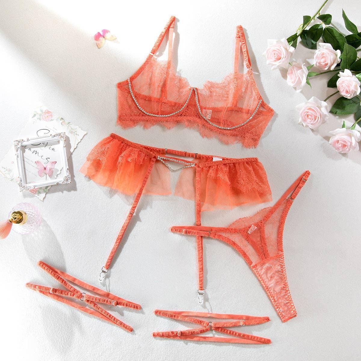 Lace Diamond Setting Lingerie Set with Garter Belt 3052 - SWEETKAMA