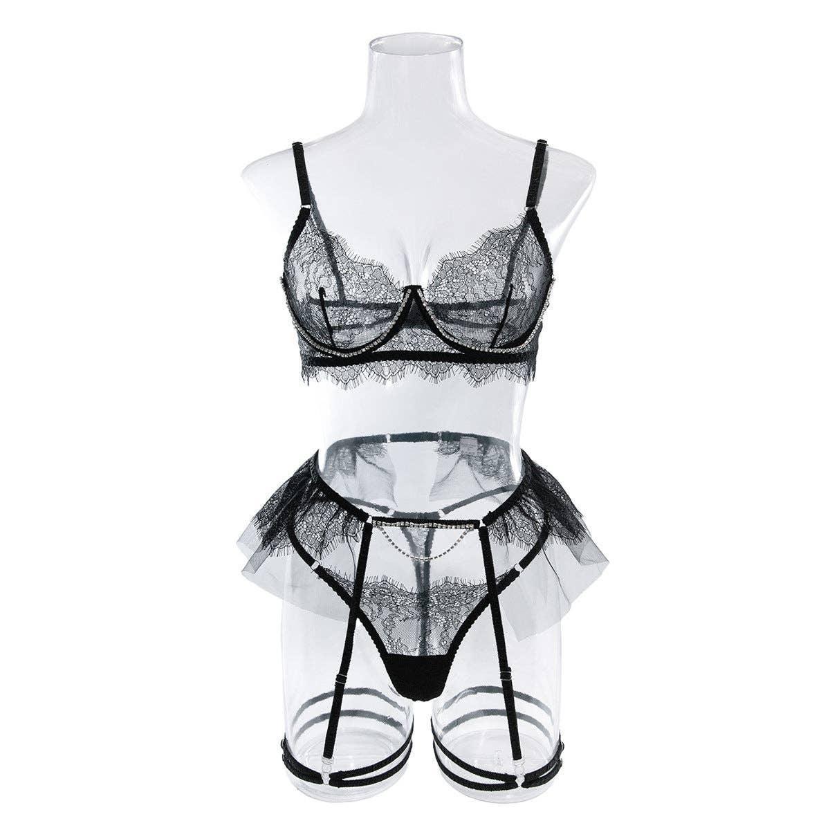 Lace Diamond Setting Lingerie Set with Garter Belt 3052 - SWEETKAMA