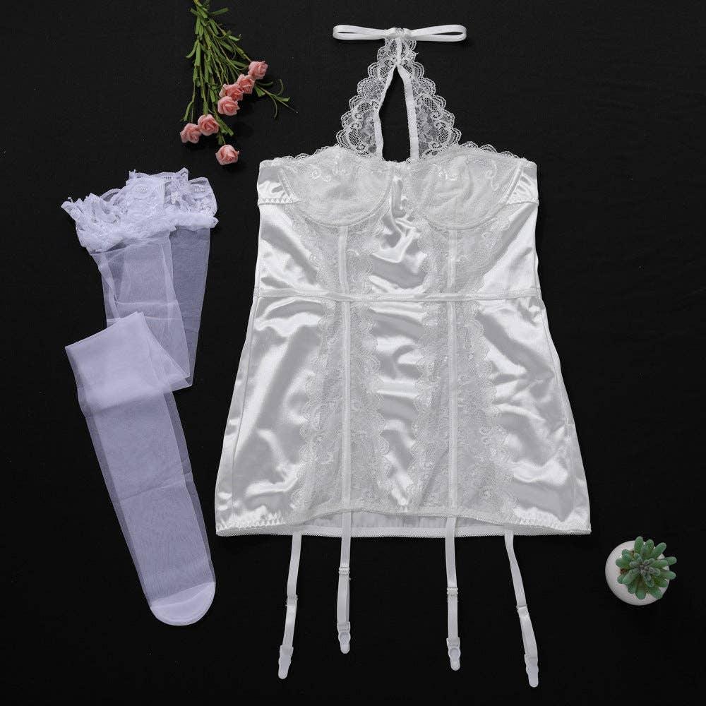 Lace Patchwork Chest Wrap Chemise Set LS1892 - SWEETKAMA