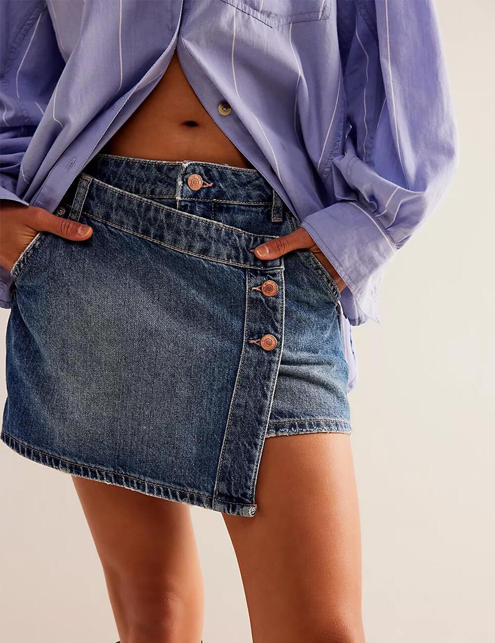 Ladies Asymmetrical Pocket Mini Denim Skirt SKS541 - SWEETKAMA
