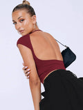 Ladies Backless Solid Color Daily Crop Top ESVJ - SWEETKAMA