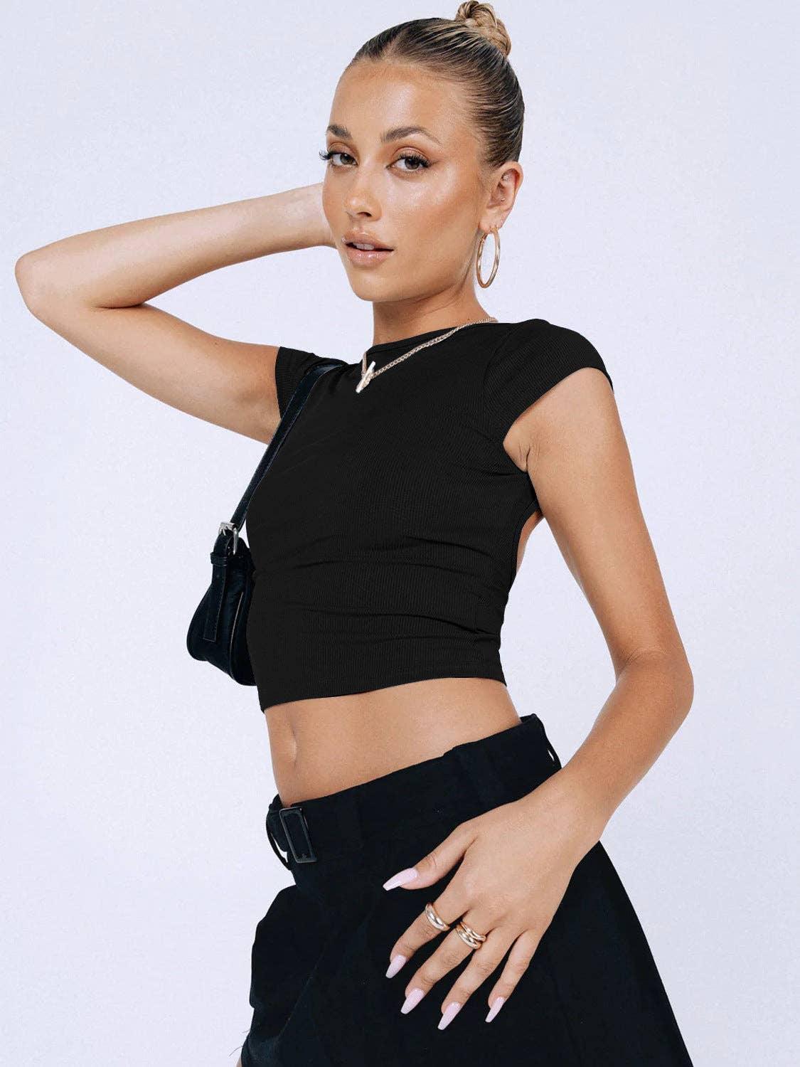 Ladies Backless Solid Color Daily Crop Top ESVJ - SWEETKAMA